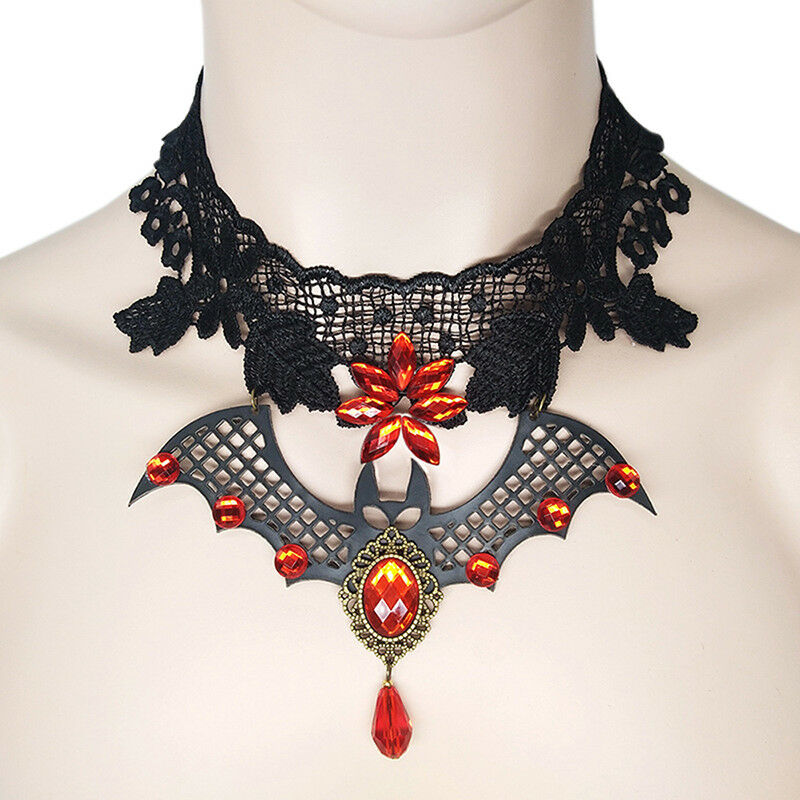 Steampunk Lace Bat Choker Crystal Beads Collar Pendant Necklace Gothic JewelBDA