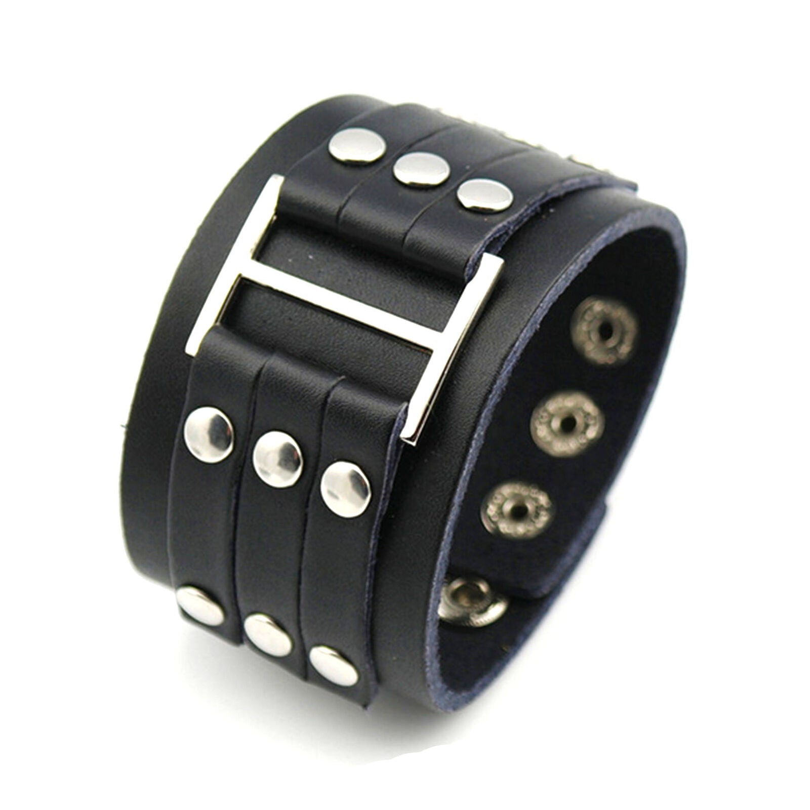 Big Buckle Rivet Cuff Wristband Bracelet Men's Punk Wide Leather Bangle Black