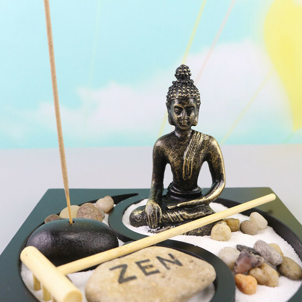 Meditation Buddha Statue Zen Garden Sand Rock Rake Incense Burner Scene