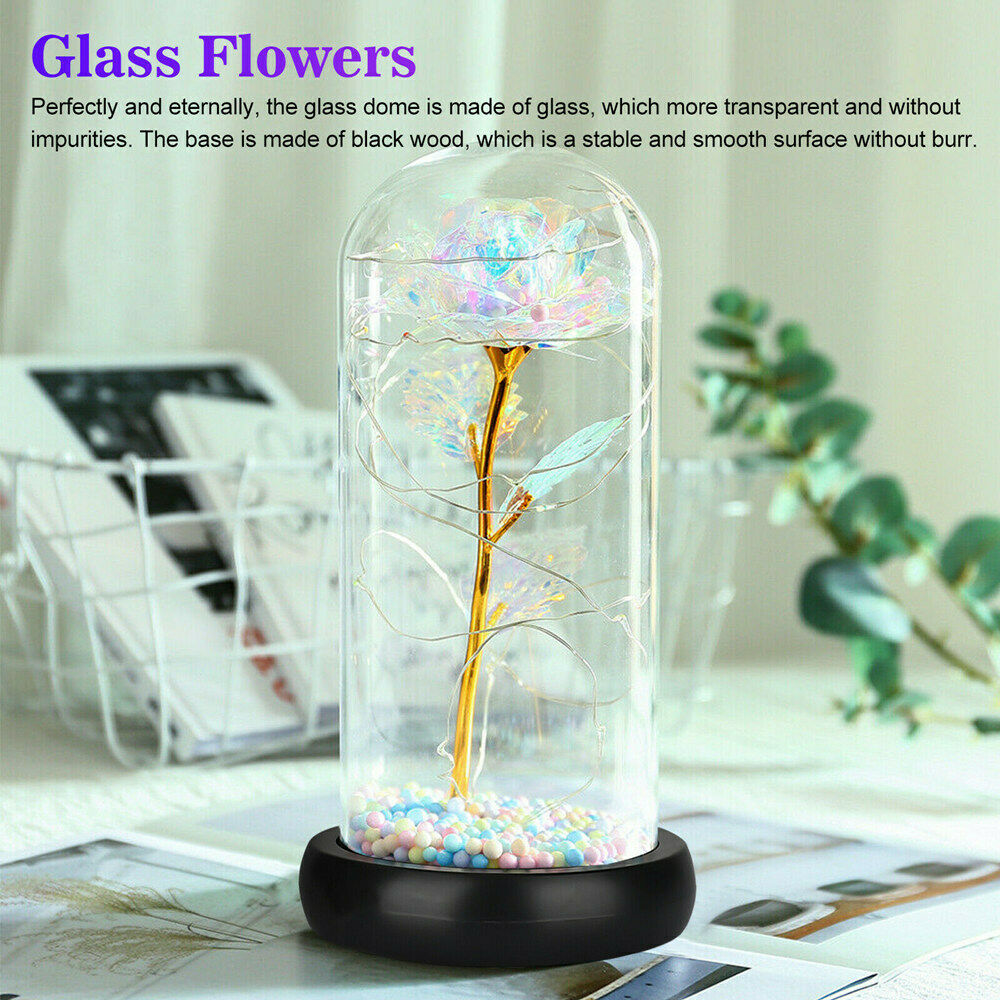 Rose Flower Home Glass LED Night Light Valentine's Day Xmas Decor Festival Gift