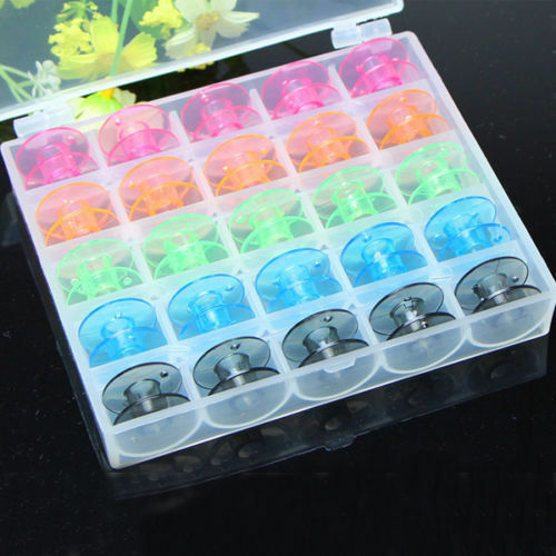 25 Empty Bobbins Sewing Machine Spools With Plastic Case Storage Box Supplies