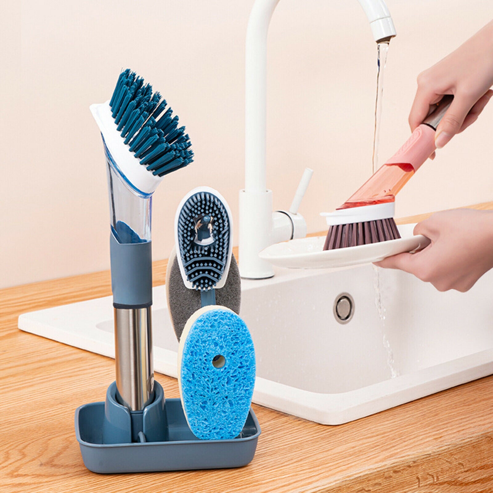 Cleaning Brush Set Dish Brush Bowl Scrubber Cleaning Sponge Drying Rack