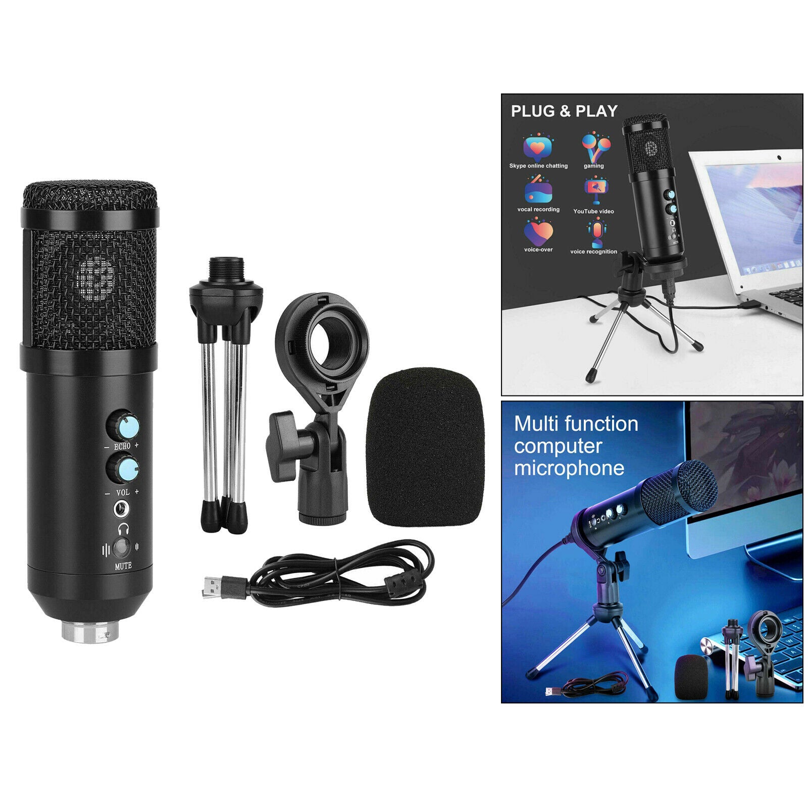 Computer Condenser Microphone Streaming Podcast Tripod Stand Cardioid Mic