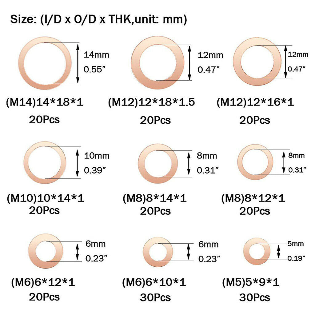 Set of 200 Copper Sealing Rings 9Sizes Sealing Ring Kit M5-M14 with box