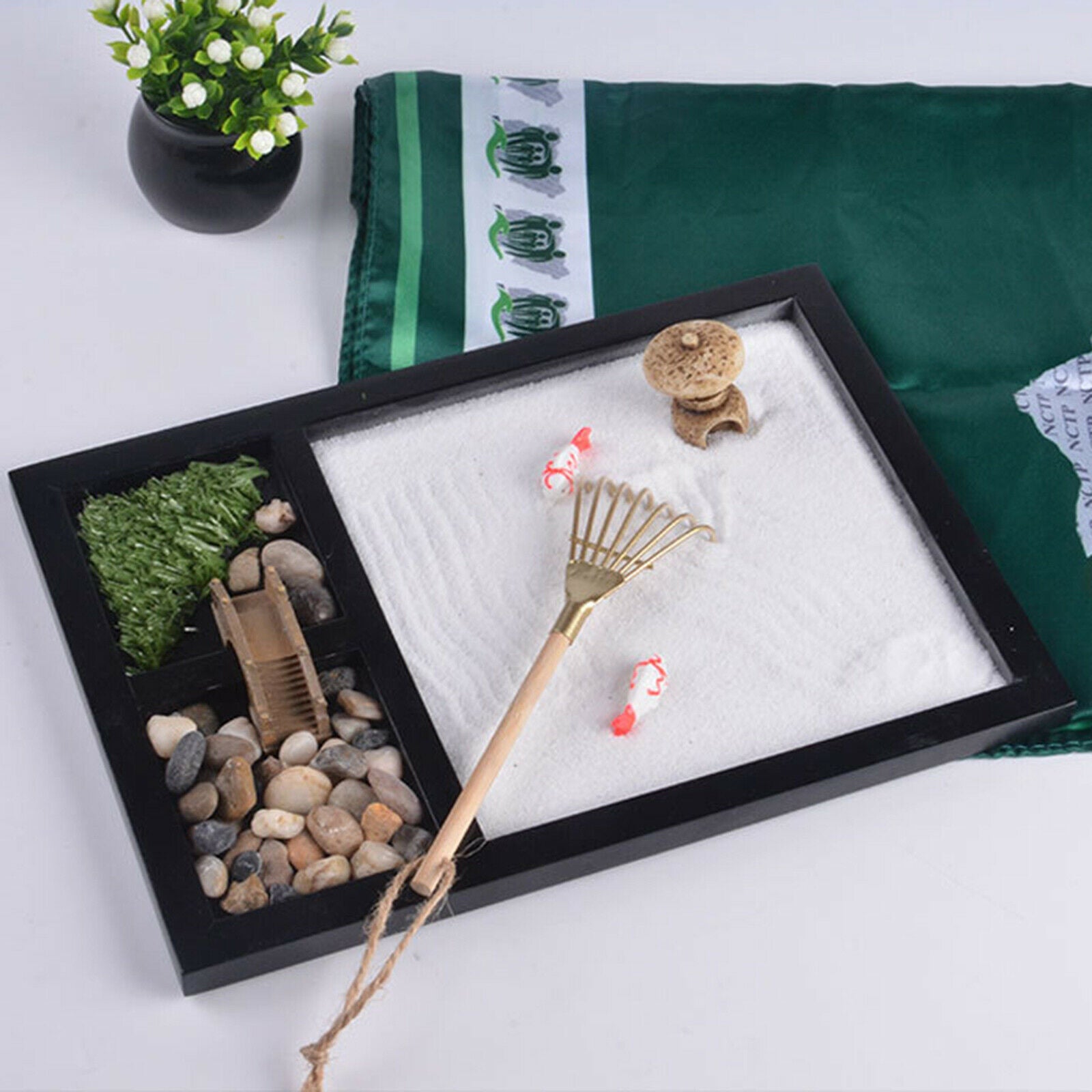 Buddhism Zen Garden Kit Relaxation Rock Sand Garden with Incense Holder