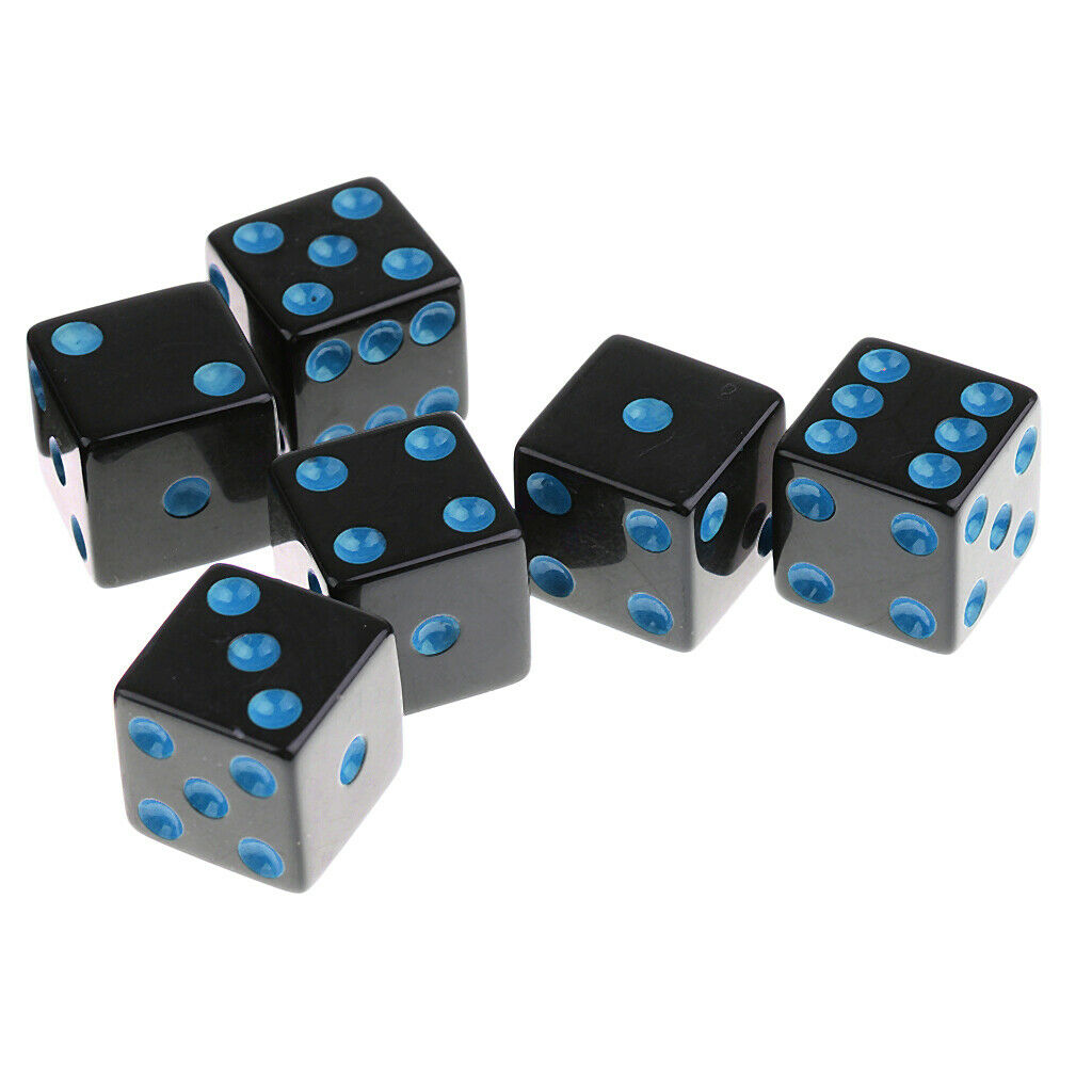 Acrylic 6 Sided Square Opaque D6 16mm Standard Dice Black w/ Blue Pips
