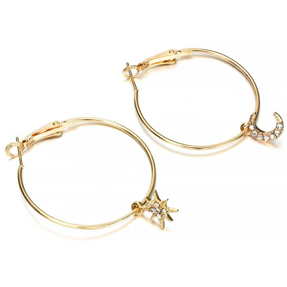 4PC Bohemian Large Circle Earrings Ear Clip Crystal Moon Star Stud Jewelry Kits