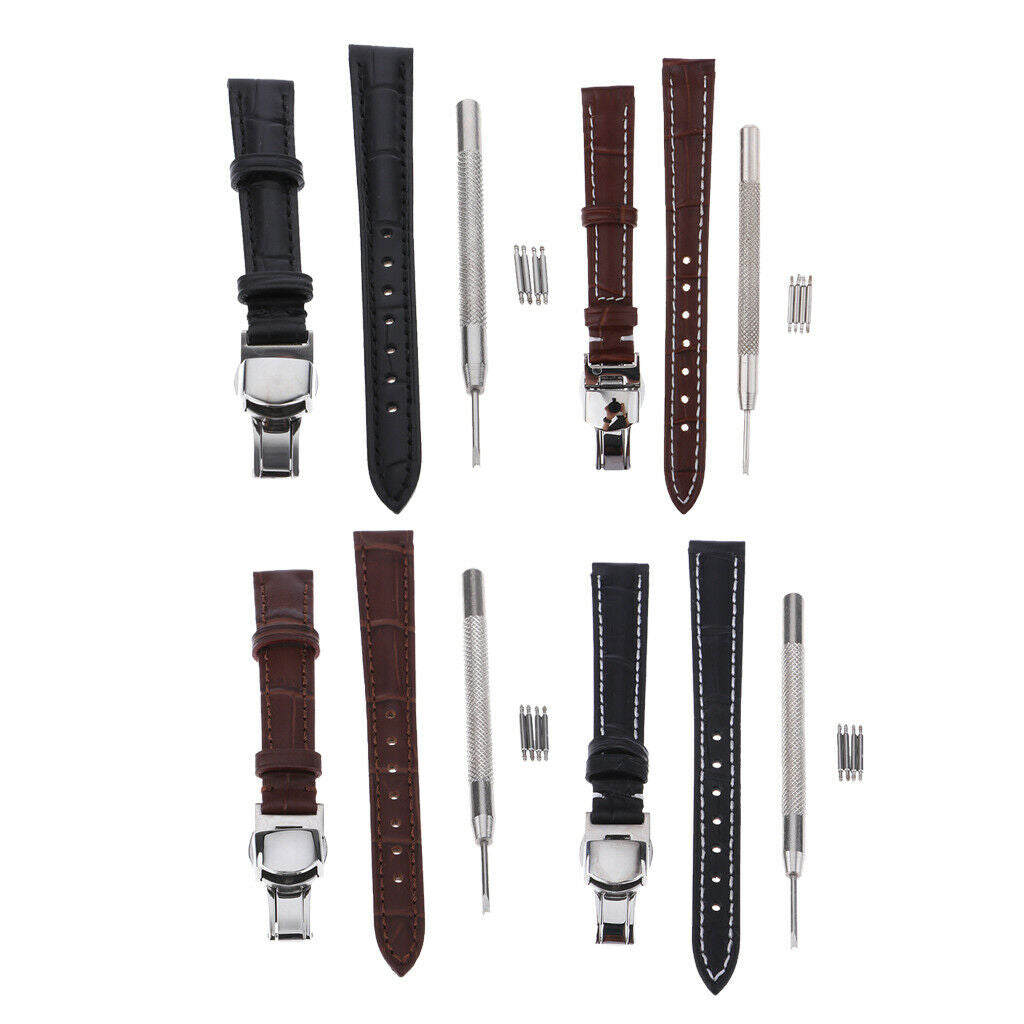 Watch Band Leather Replacement Belt Buckle Accessory Black with black line