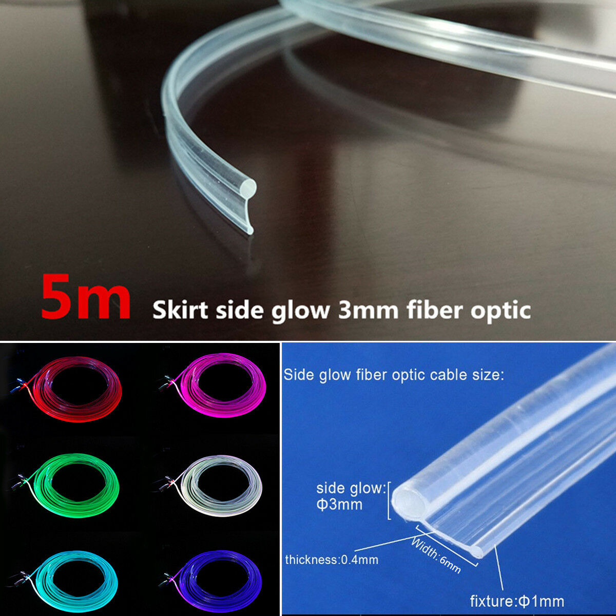 5Meters 3.0mm Side Glow Fiber Optic Cable for Auto Car Interior Dash Decor Light