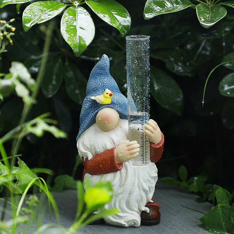 Gnome Rain Gauges Garden Statue with a Plastic Rain Gauge Hand Painted Sculpture
