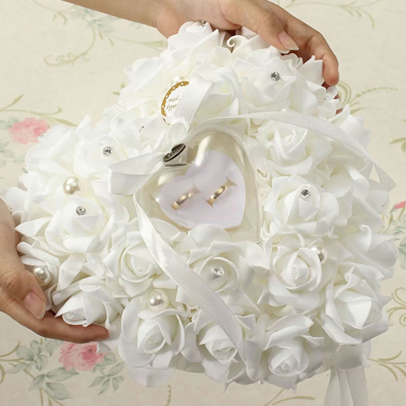 Wedding Ceremony White Satin Crystal Flower Ring Bearer Pillow Cushion Gifts
