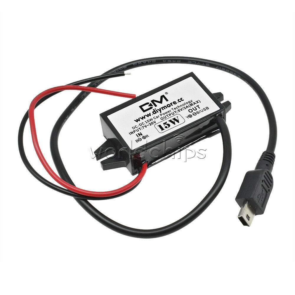 DC-DC 12V to 5V 3A 15W Voltage Regulator Mini USB 5 Pin Cable for Car Charger