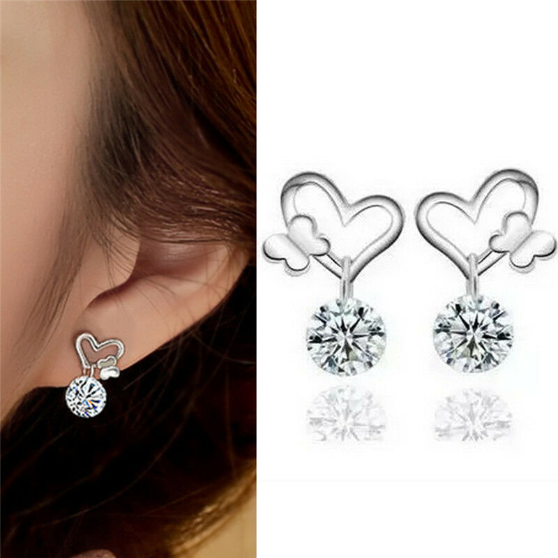 Womens Sliver Plated Crystal Zircon Fashion Jewelry Butterfly Stud Earrings MRDD