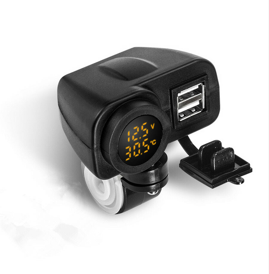 3in1 Universal Motorcycle Dual USB Charger w/ LED Digital Voltmeter +Thermometer