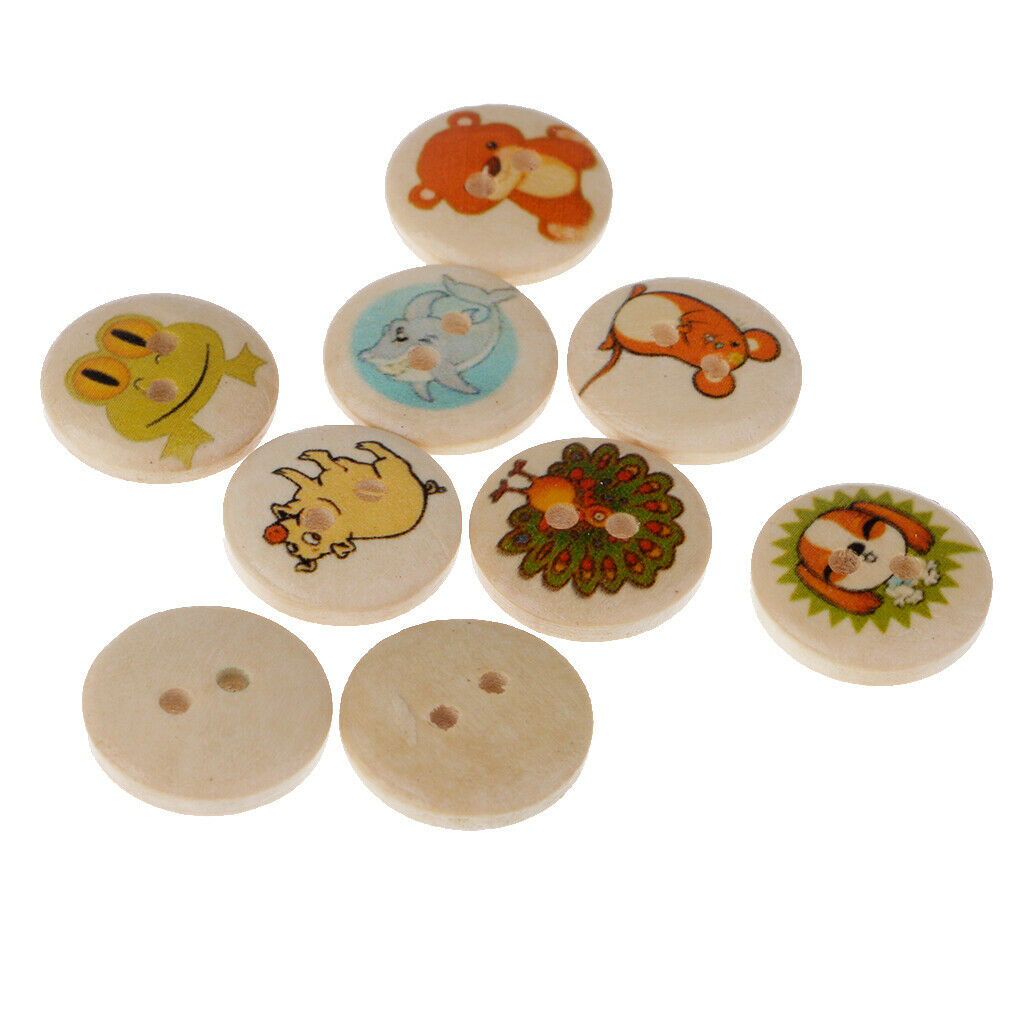 100x Round Animals Printed Wooden Flatback Buttons for Kids Crafts DIY 15mm