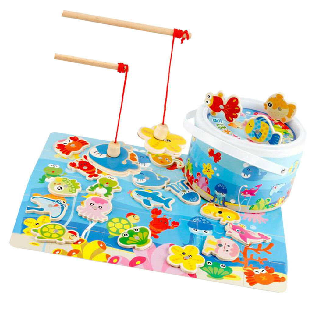 Toddler Wooden Magnetic Fishing Pole Set Game Go   Ocean Animals