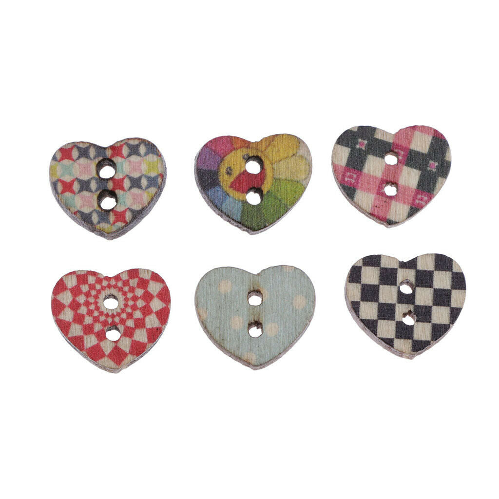 100-Pack Multicolored Heart Shaped 2 Holes Wooden Sewing Buttons for Crafts