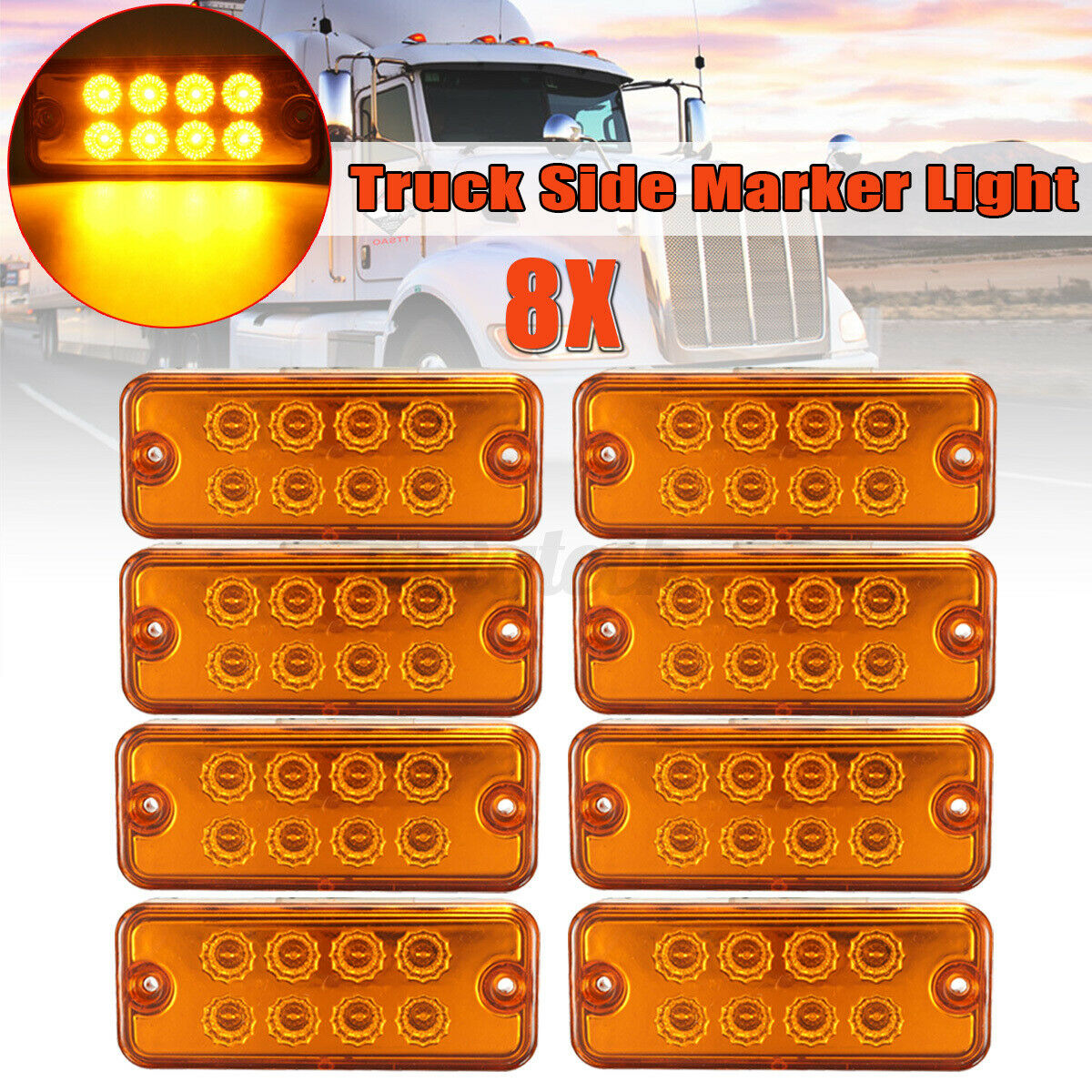 8x 12/24V 8 LED Side Marker Orange Recovery Position Light Lamp Trailer Truck