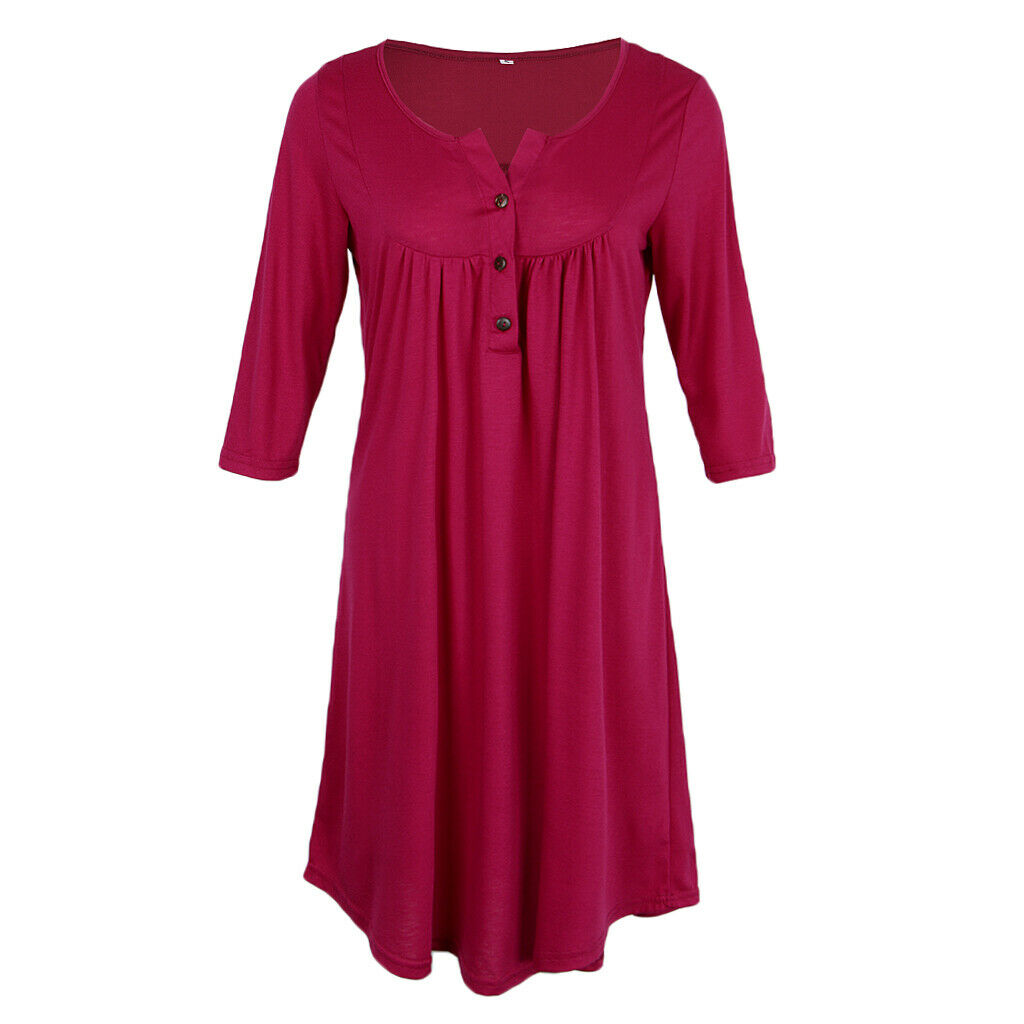 Women's 3/4 Sleeve Casual Loose Buttons Pleated Tops Blouse Dress S Purple