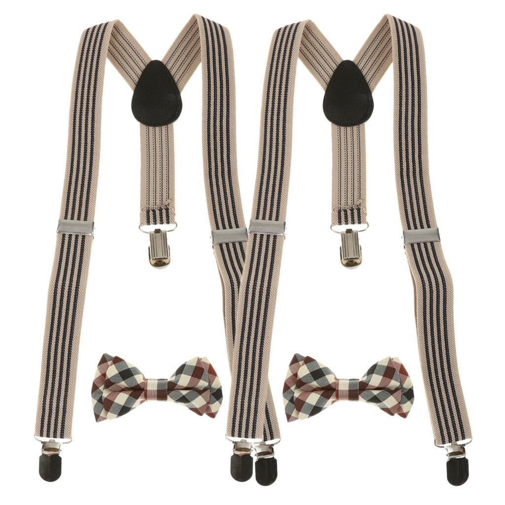 2Sets Boys Adjustable Suspenders   Braces Belts with Plaid Bowties Set
