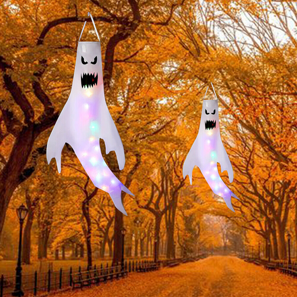 2 Pcs Halloween Ghost Windsocks with LED Light Spooky Hanging Flag Decorations