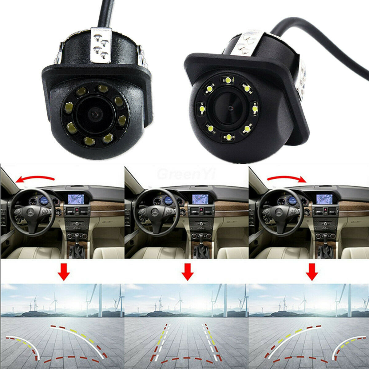 Universal 170Â° HD Car Reversing Camera with Dynamic Trajectory with 8 Ir lights