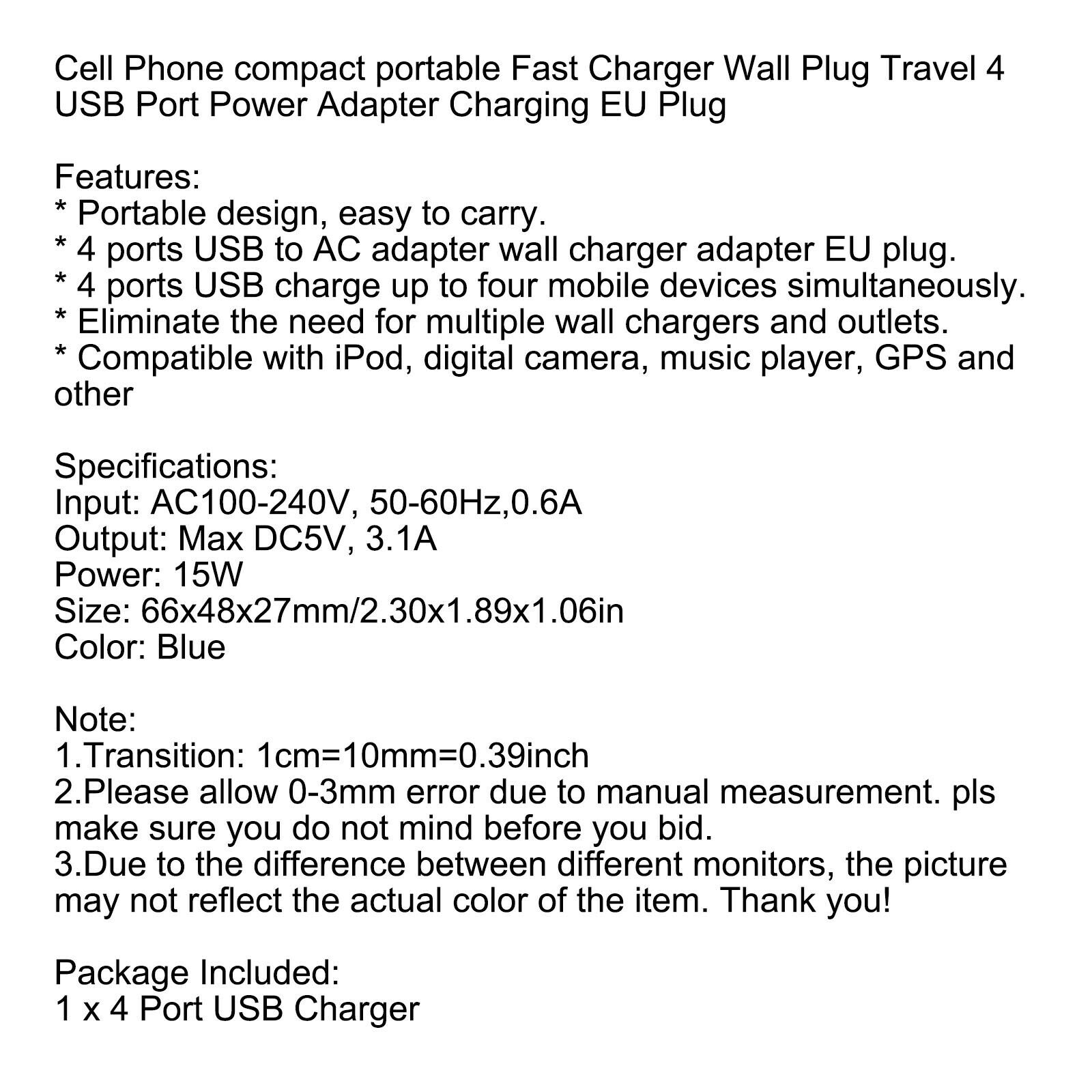 4 USB Port Fast Charger Wall Wall Plug Travel Power Adapter Charging EU Plug