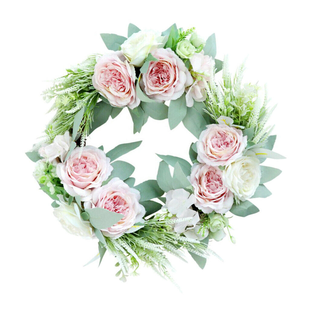 Artificial Flower Front Door Wall Wreath Garland Rose Wreath 45cm Pink