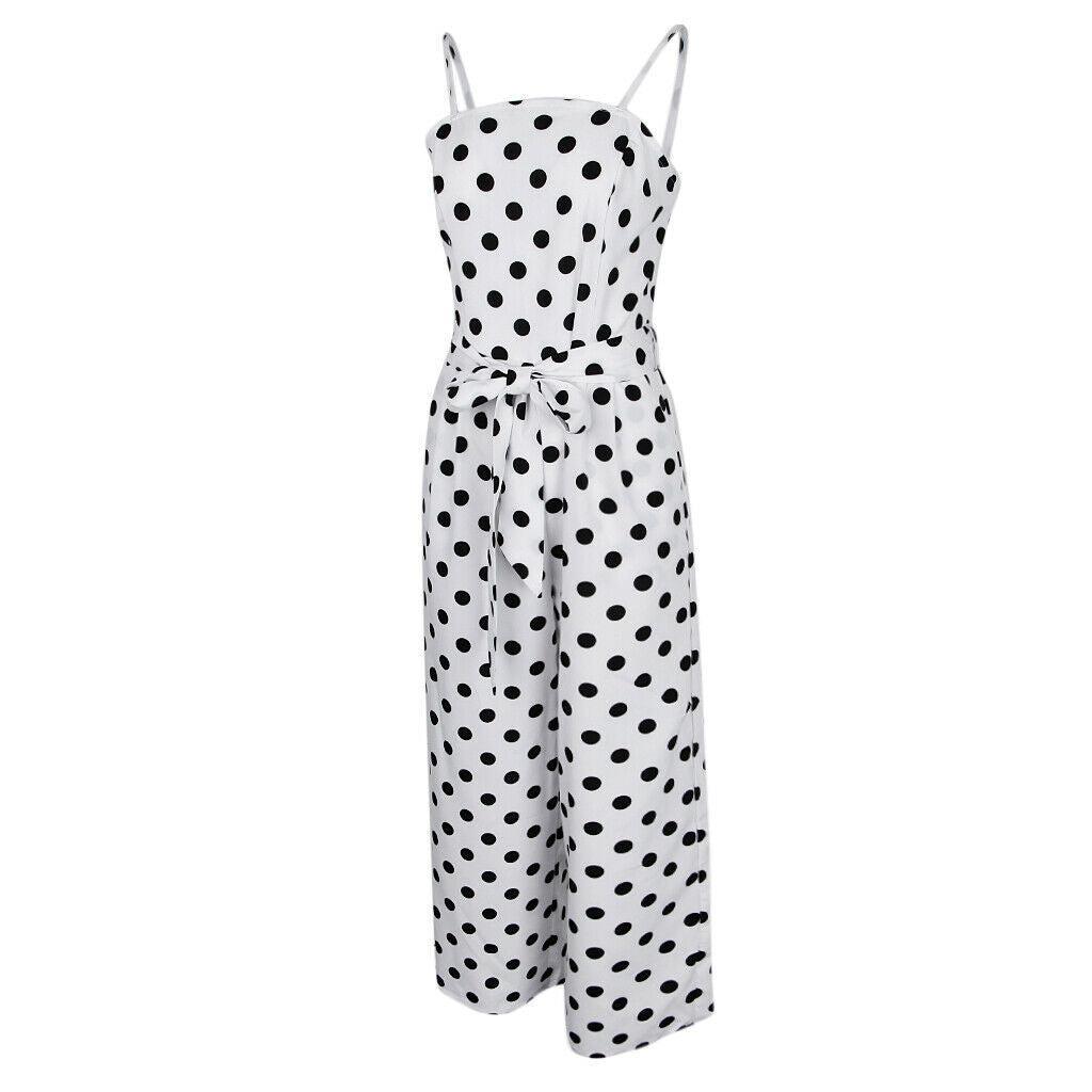 Womens Polka Dots Wide Leg Jumpsuit Romper Beach Holiday with Belt S White