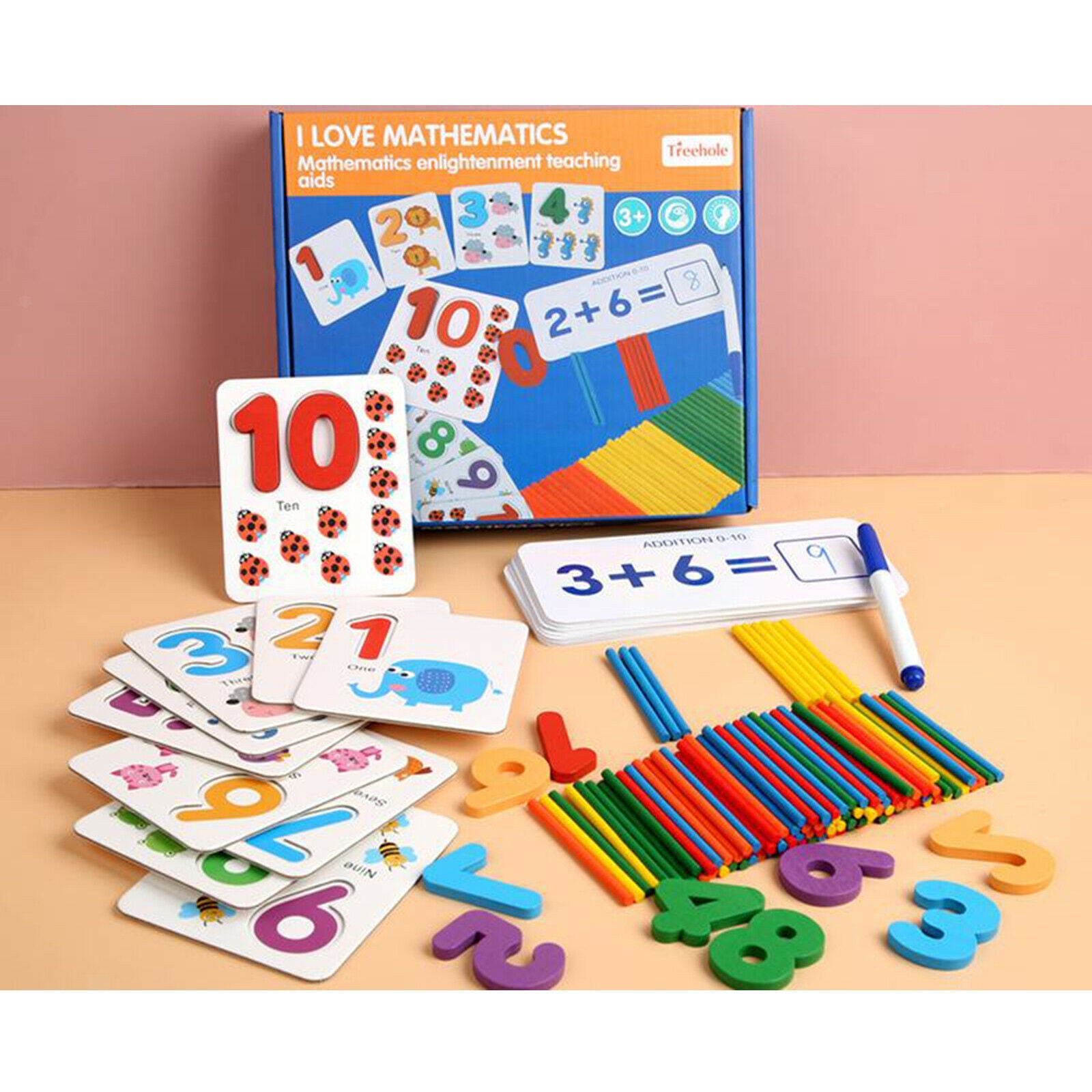 Preschool Kids Math Educational Toys Counting Wooden Sticks Number Cards