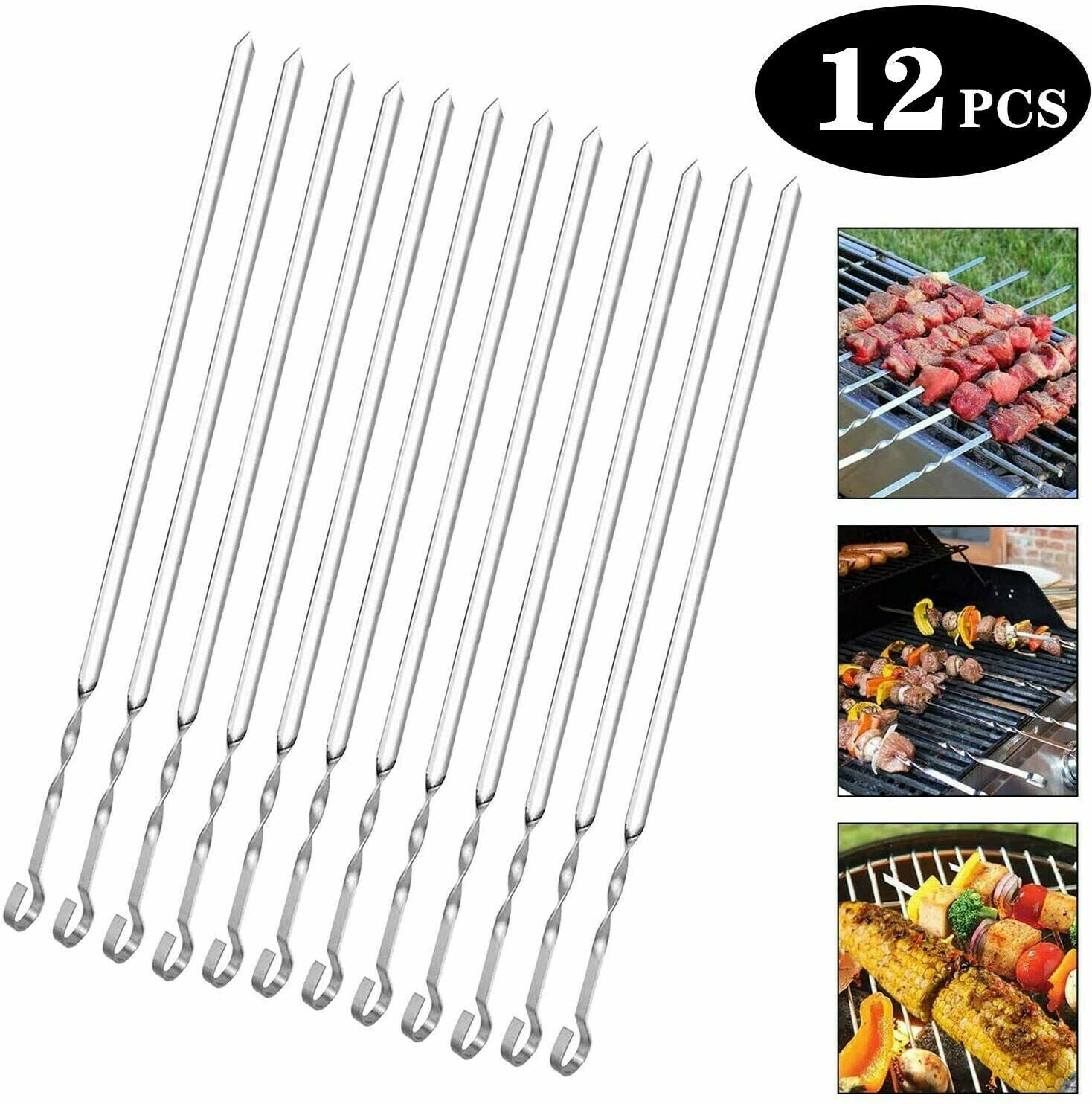 12PCS Barbecue Skewers Stainless Metal Kabob Grilling BBQ Skewers Stick Pack