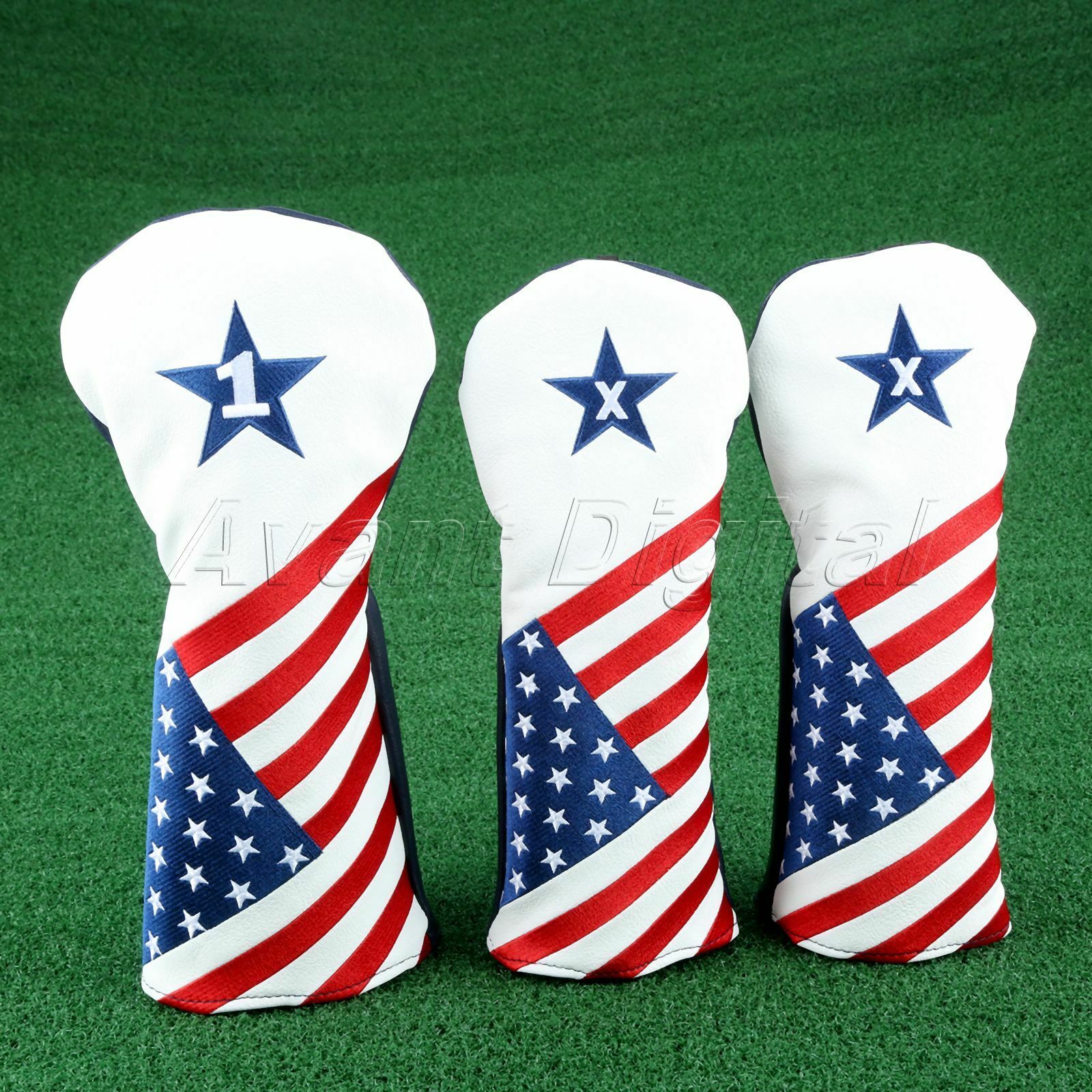 3Piece Golf Putter Iron Headcover Mallet PU Leather American Flag Protector