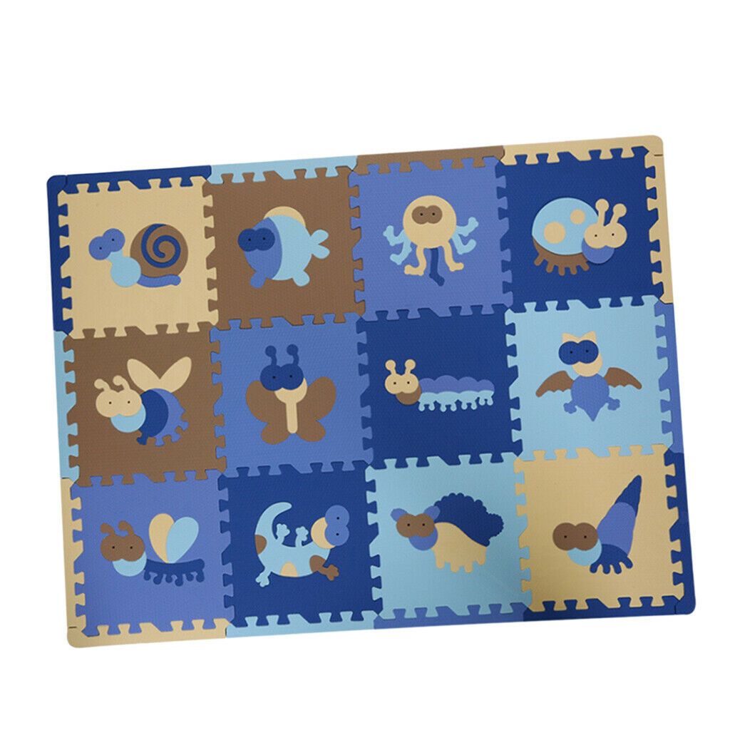 12Pieces Foam Puzzle Exercise Mat Interlocking Floor Tiles insect Blue