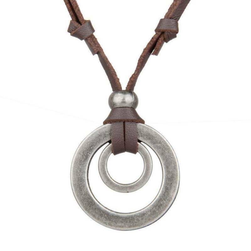 Fashion Mens Retro Leather Cord Necklace Double Circle Ring Pendant Jewelry Gift