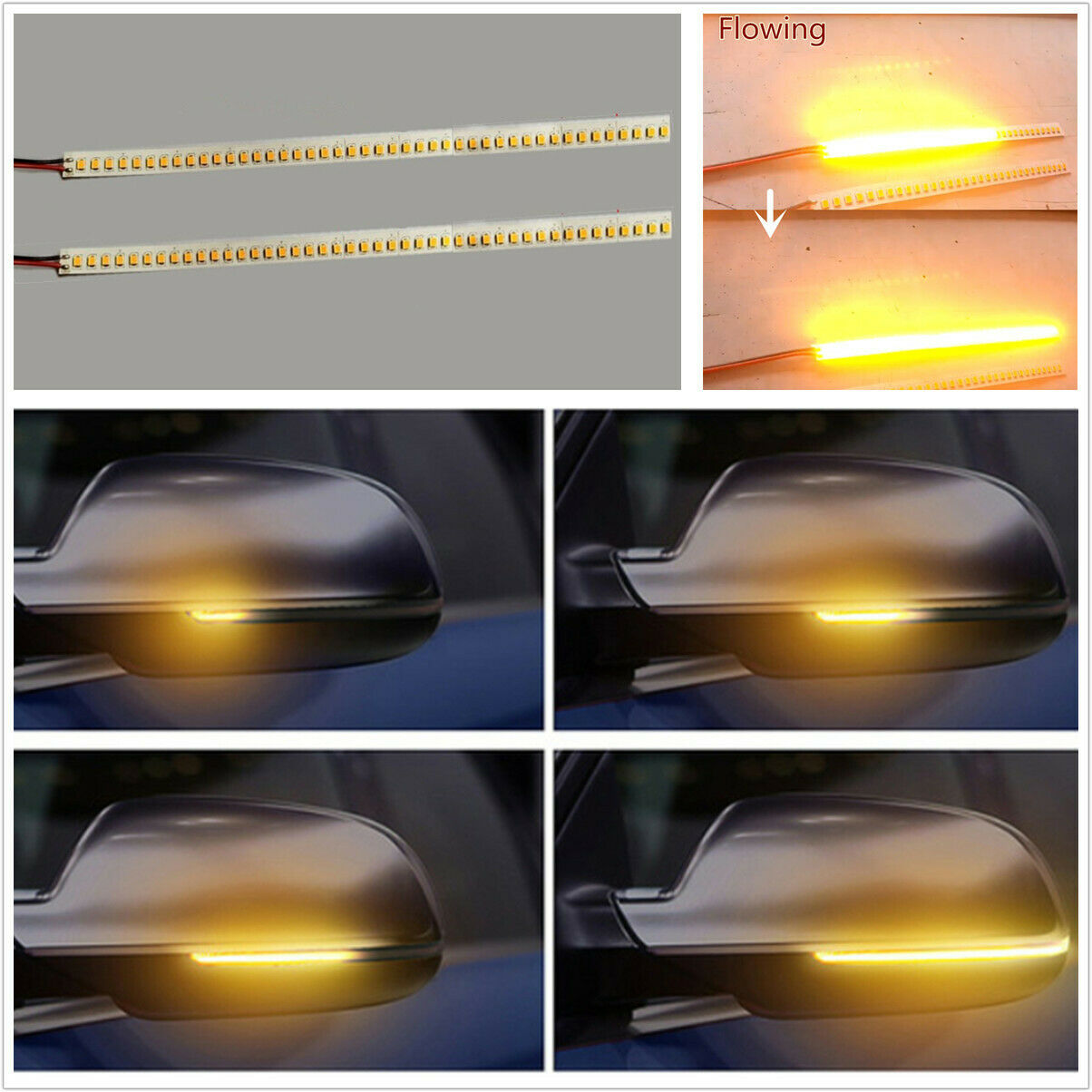 Pair 28cm Car Rear View Mirrors Turn Signal Lamp Flowing LED Amber Light Strip
