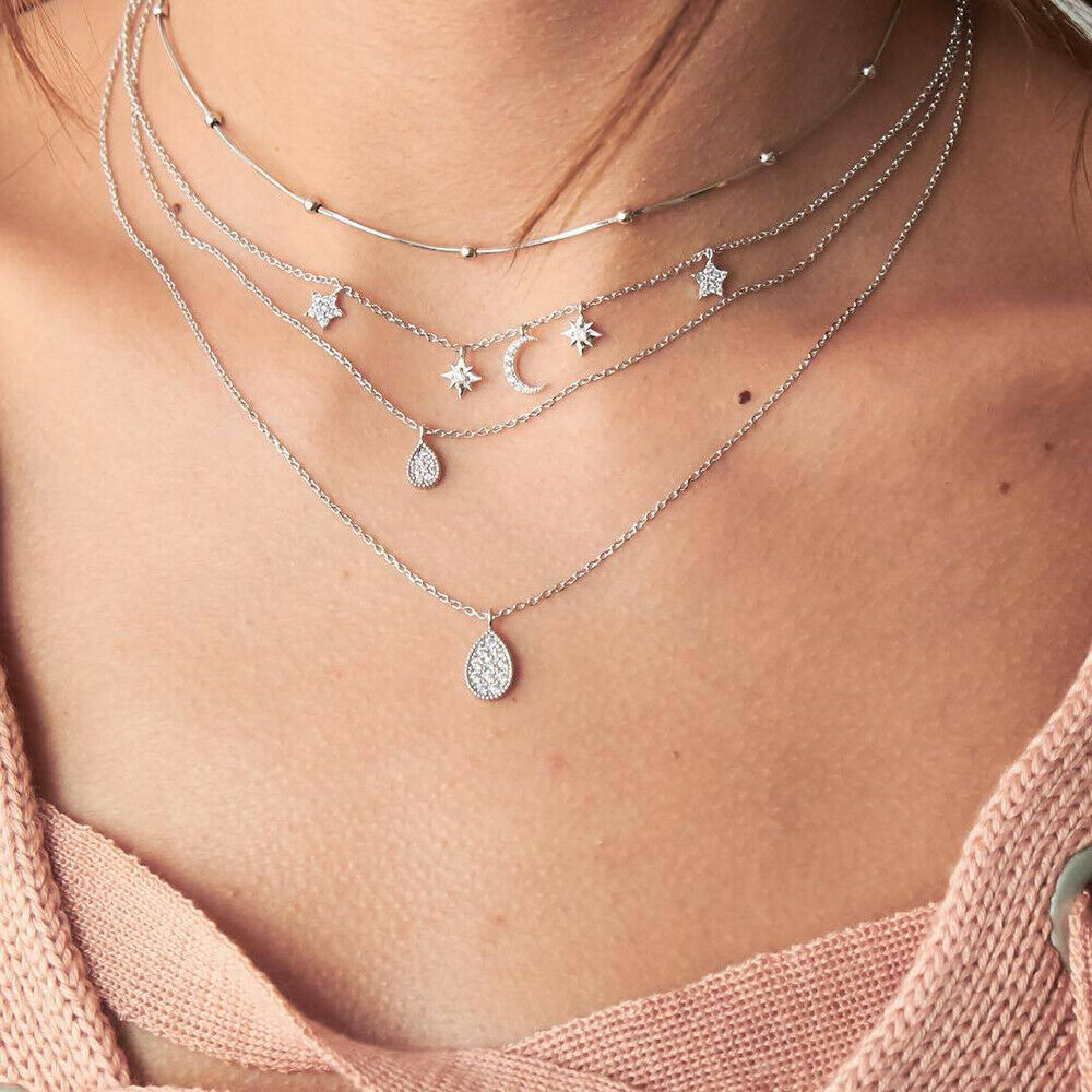 Women Multilayer Choker Pendant Necklace Crystal Star Moon Chain Jewelry Gift