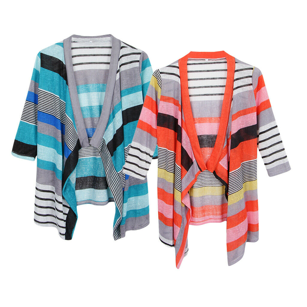 Women's 3/4 Sleeve Irregular Stripe Open Front Shawl Kimono Cardigan Red S