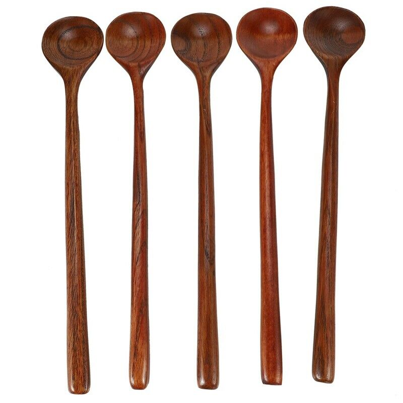 Long Spoons Wooden, 5 Pieces Korean Style 10.9 inches 100% Natural Wood Long HI9