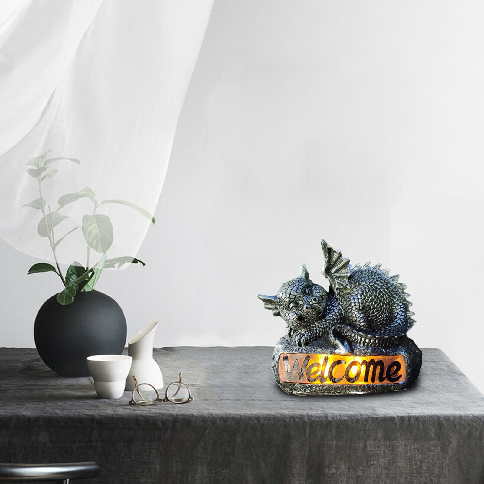 Funny Solar LED Polyresin Welcome Sign Garden Fountain Decor for Flower Beds