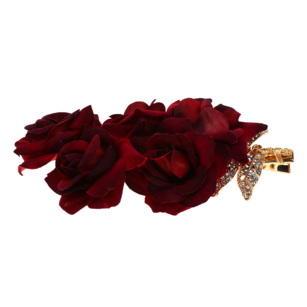 15x7cm Red Cloth Rose Wedding Hair Pins for Brides with Bling Rhinestones