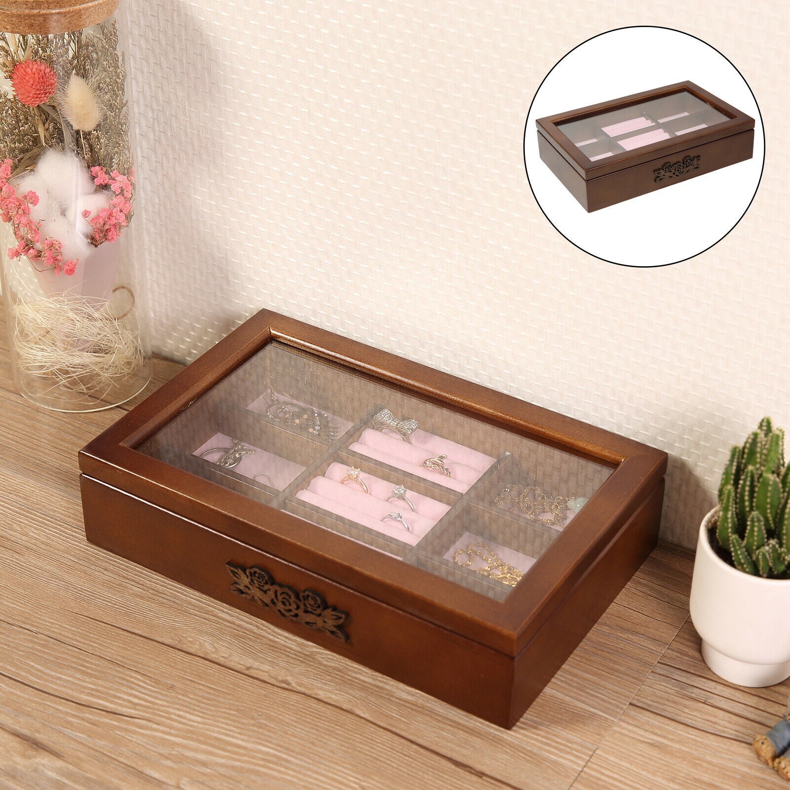 Clear Top Wooden Jewelry Display Box Case Watch Organizer Container Case