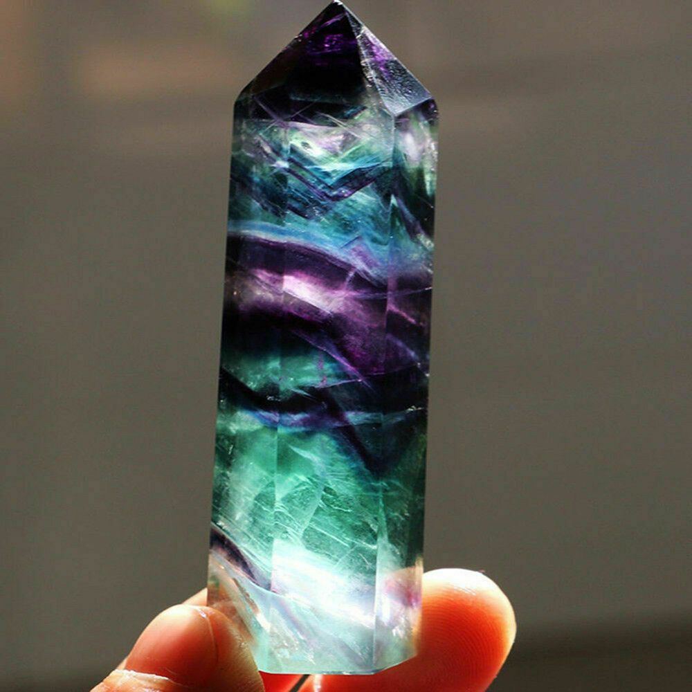 50g 50-60MM Natural Colorful Fluorite Quartz Crystal Wand Point Healing Stone~