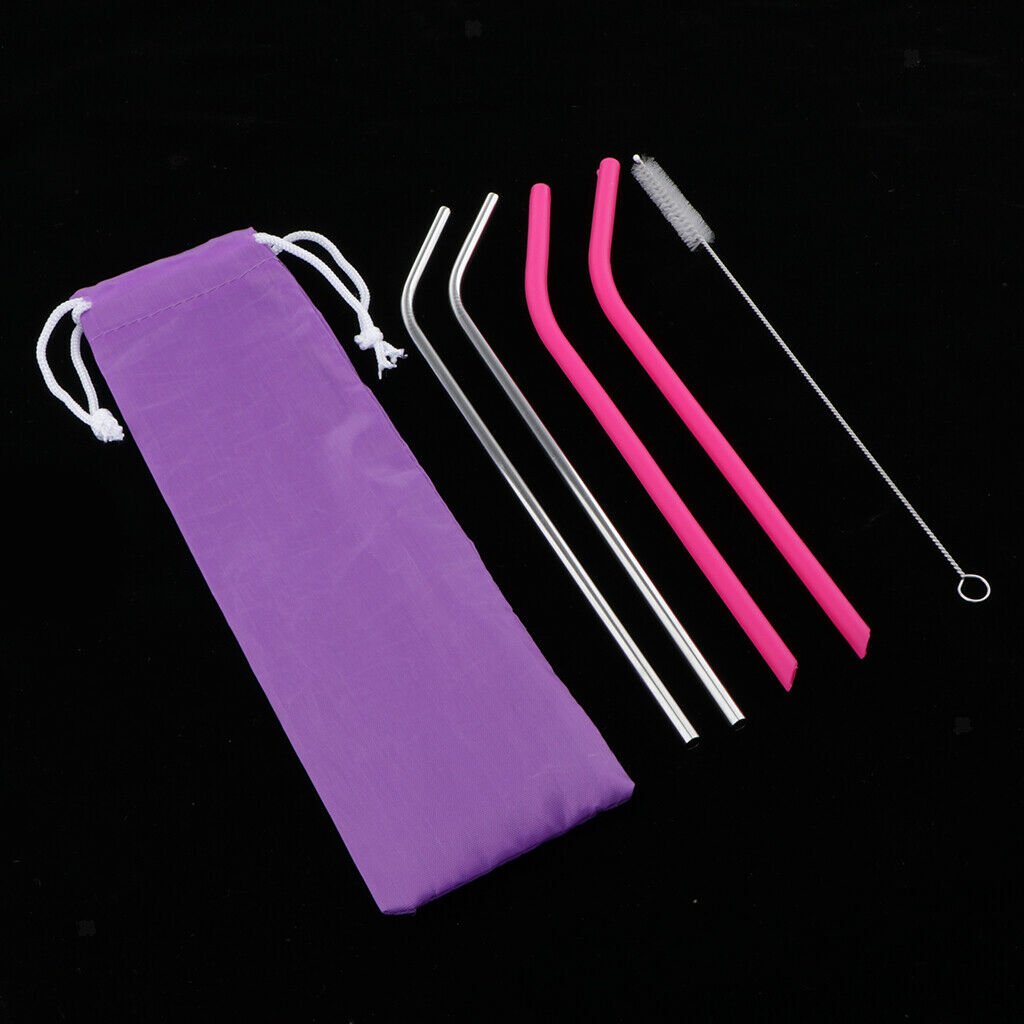Drinking Straws 2pcs Pink Silicone 2pcs Stainless and 1pc Cleaning Brush