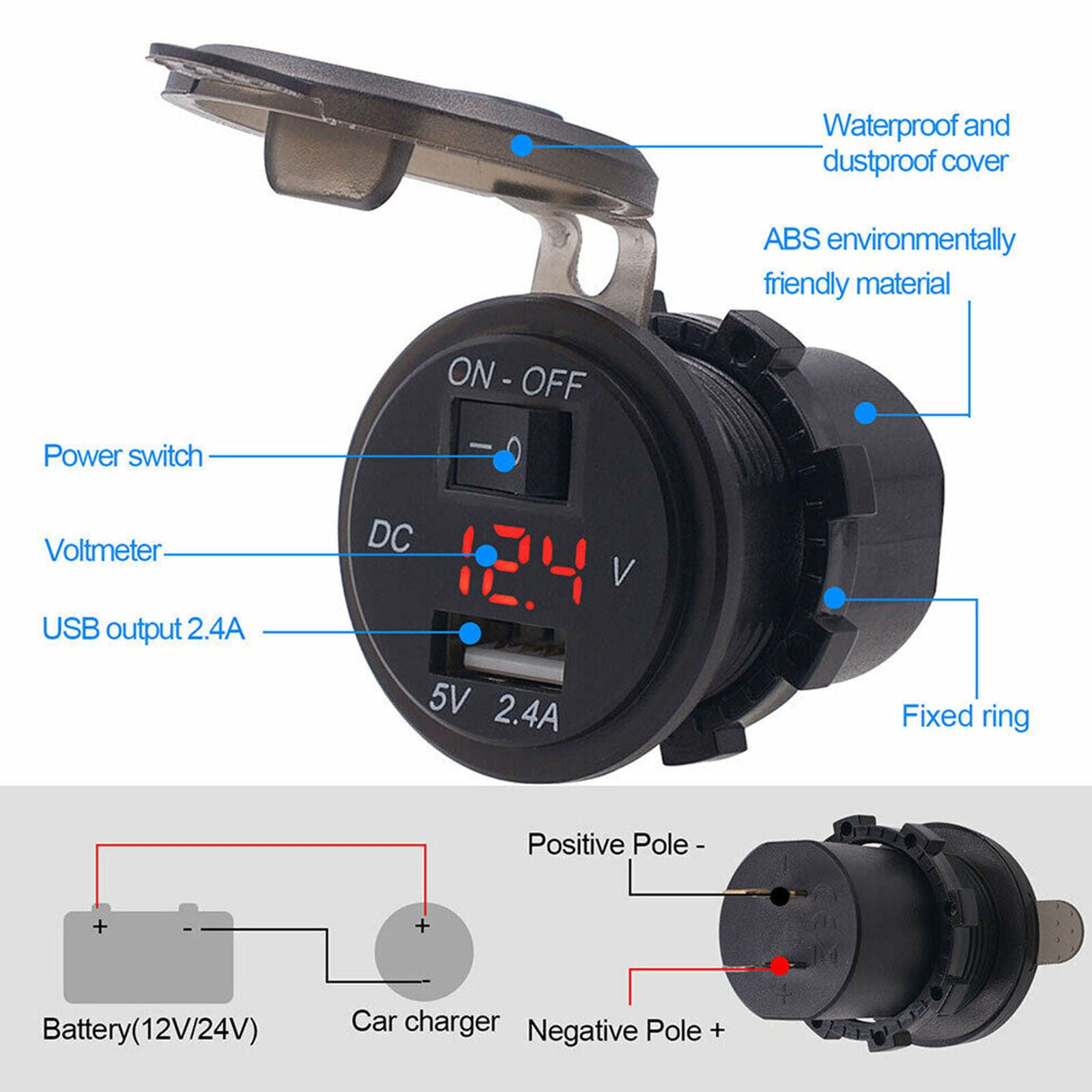 12V/24V USB Fast Charger Socket Outlet On&Off Switch For Car Motorcycle