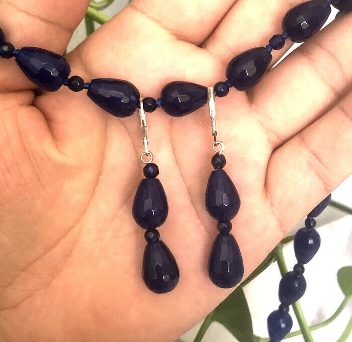 New10x14mm Water Drop Faceted Blue Sapphire Beaded Necklace and Earring Set A+