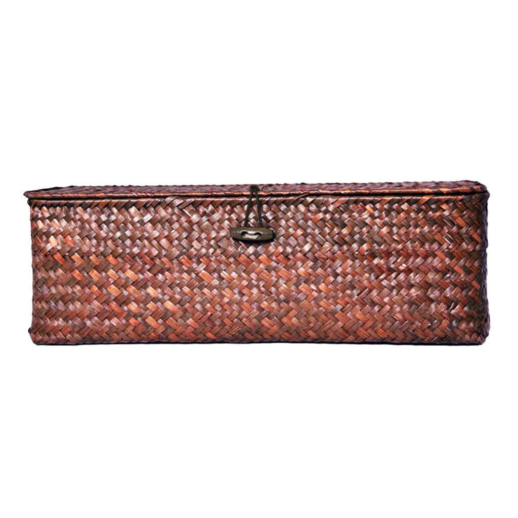 Seagrass Storage Box Handmade Woven Basket with Lid Dark Coffee 33x12x10cm