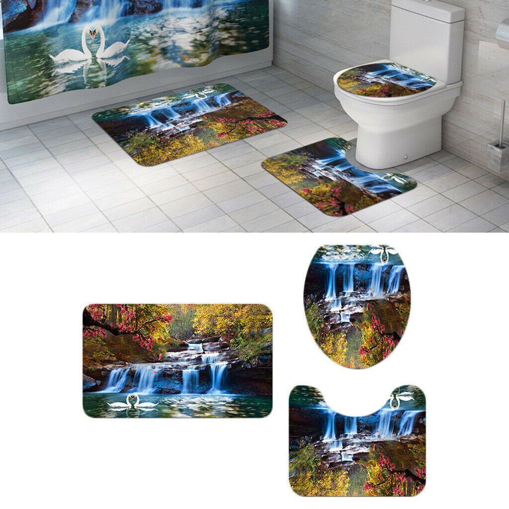3 Pcs Bathroom Landscape Pattern Toilet Lid Cover Pedestal Mat Autumn Senery