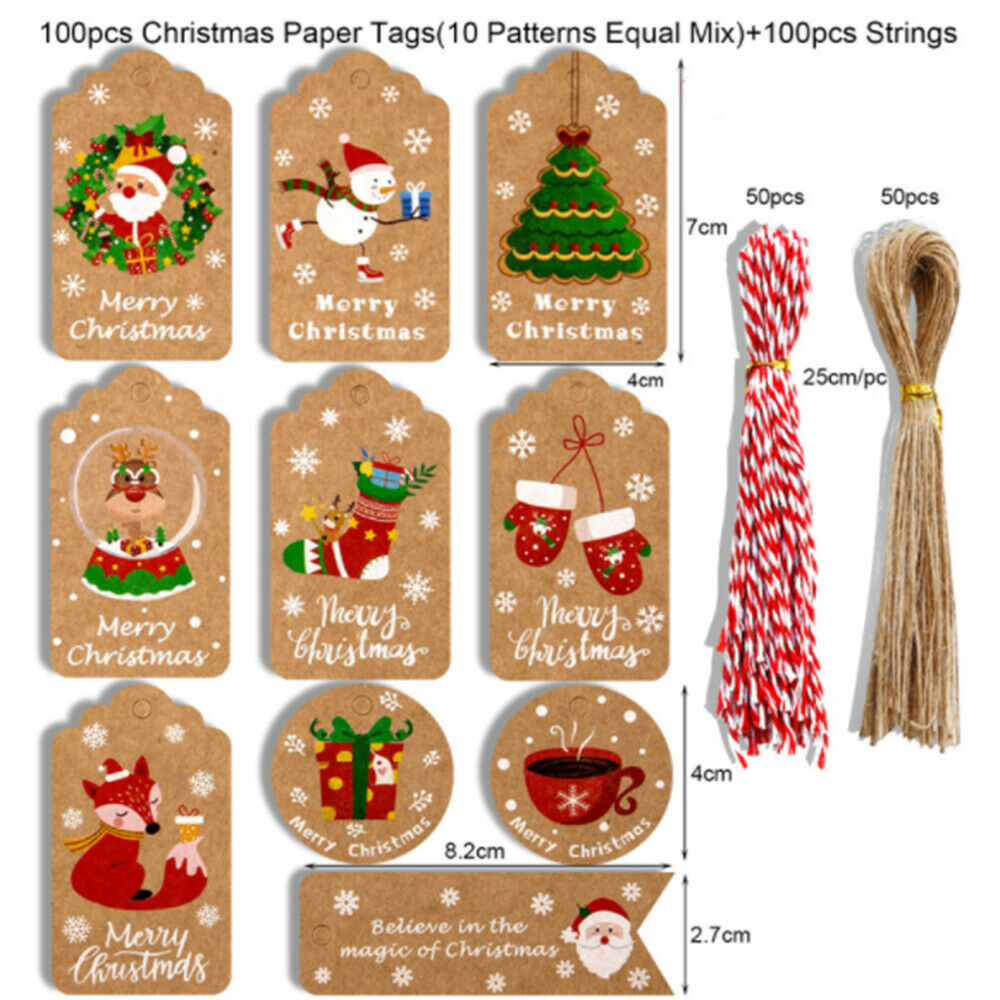 100Pcs Christmas Kraft Paper Gift Tags Xmas Kraft Gift Tags with Cotton Rope
