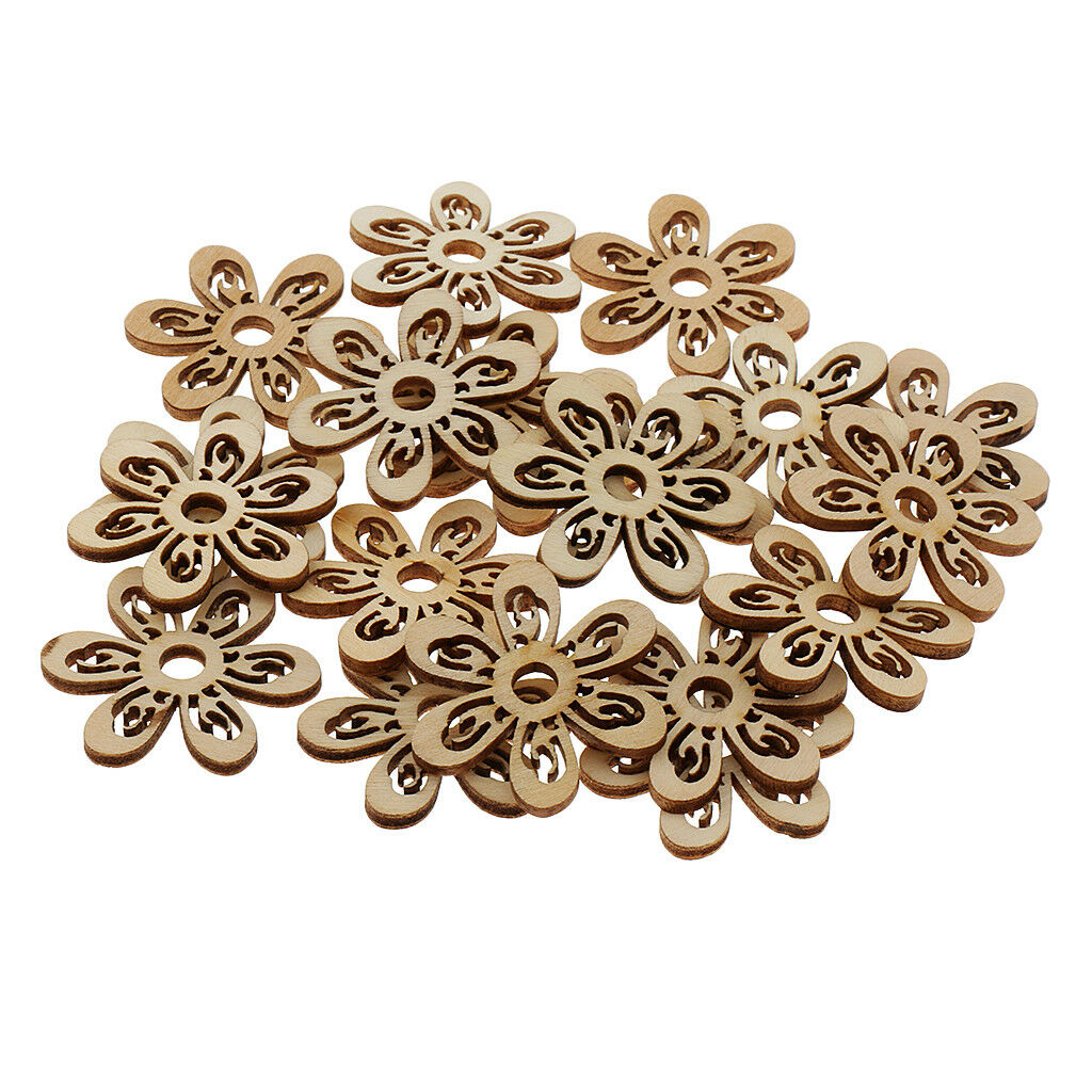 40pcs Unfinished Wooden Flower Embellishments for DIY Kids Wood Craft 35mm