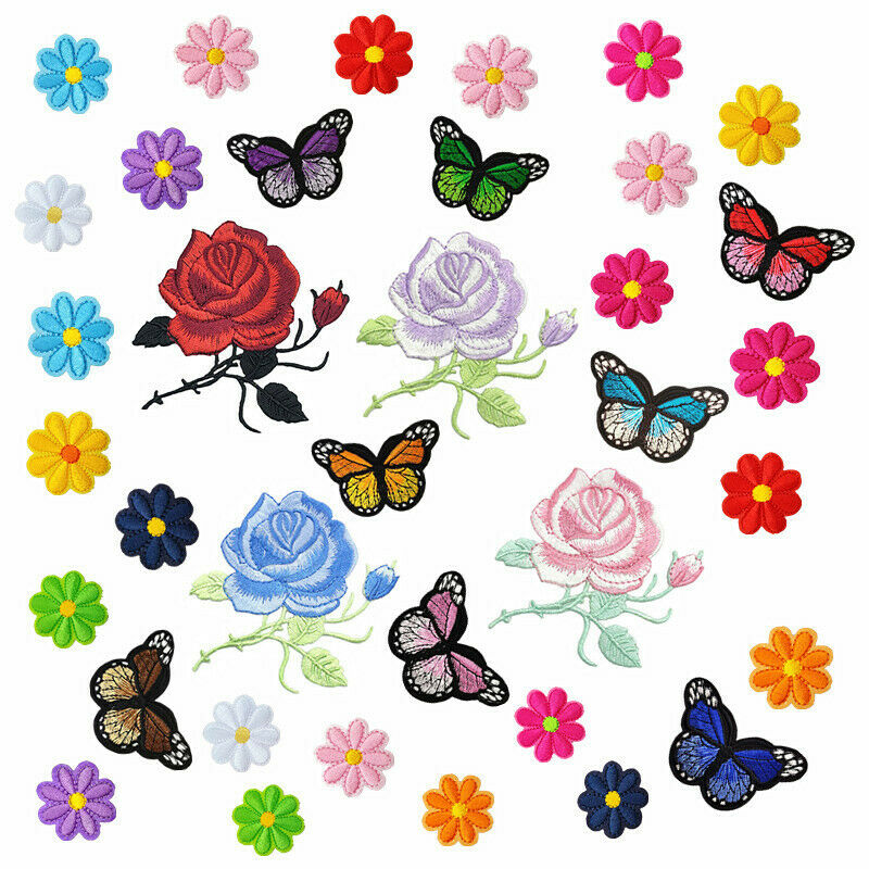 36 Pieces Flowers Butterfly Iron on Patches Embroidery Applique Patches for Q3M8